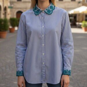 J Crew Blue Pinstripe Green Eyelet Collar Button Up Cotton Shirt size 6 Tall